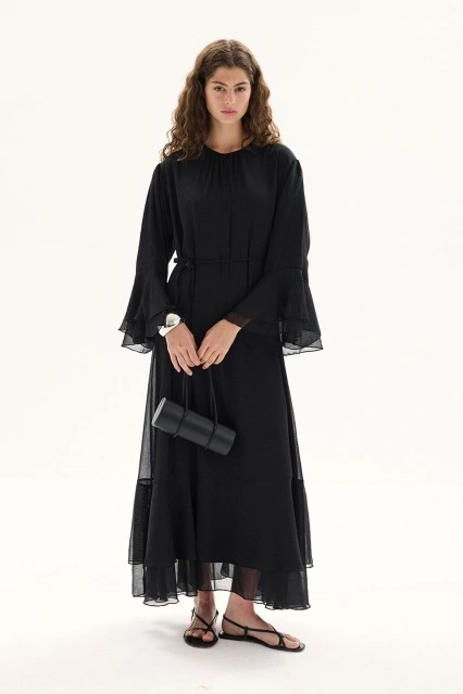 Boho Volanlı Yoryo Şifon Siyah Elbise