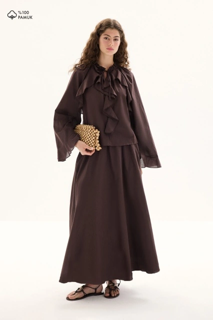 Boho Vual Kahve Bluz Etek Takım