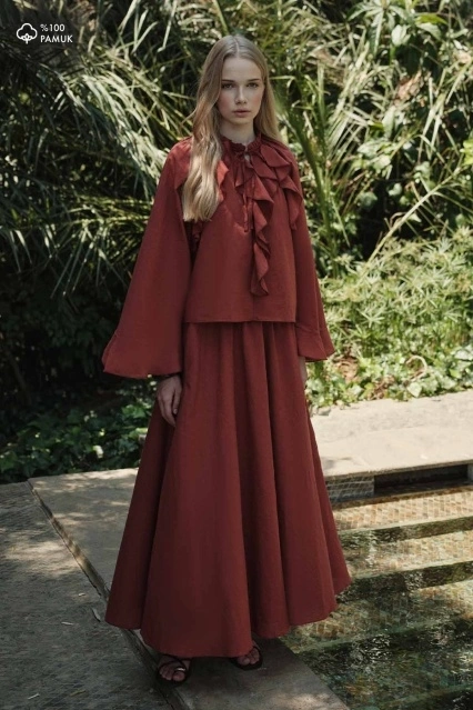 Boho Vual Kiremit Bluz Etek Takım