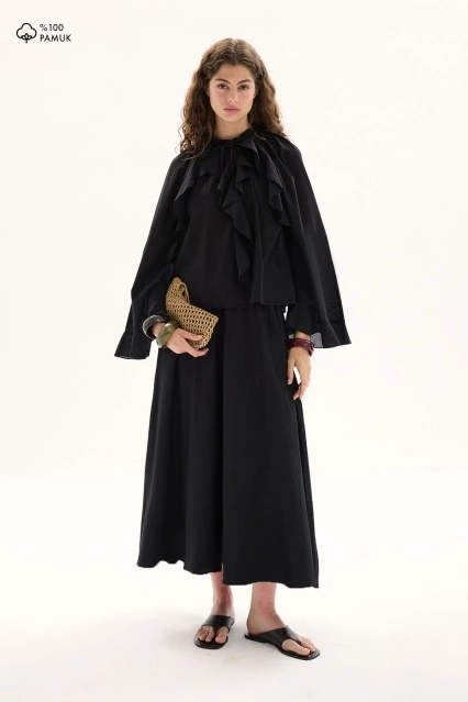 Boho Vual Siyah Bluz Etek Takım