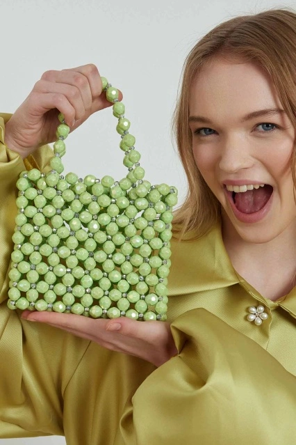 Boncuk Dizim Yeşil El Çantası