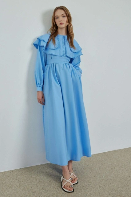 Brode Şerit Detaylı Bebe Mavisi Elbise
