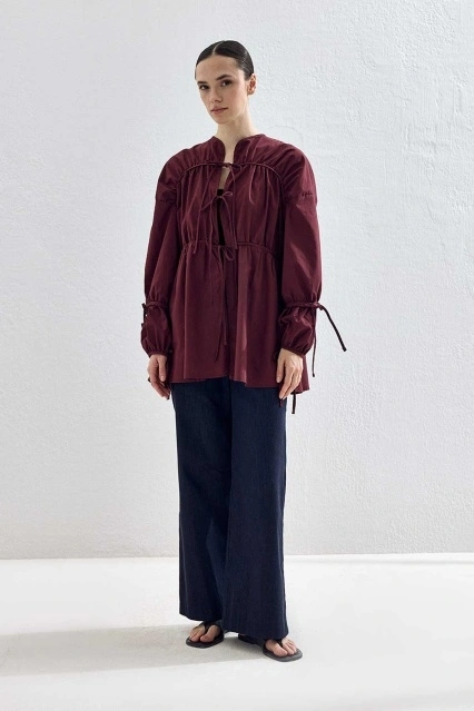 Büzgülü Bağlamalı Bordo Gömlek