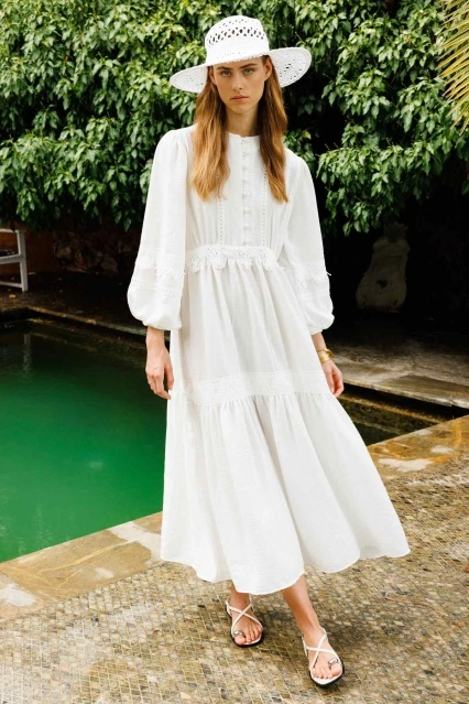 Çiçek Şerit Detaylı Ekru Elbise