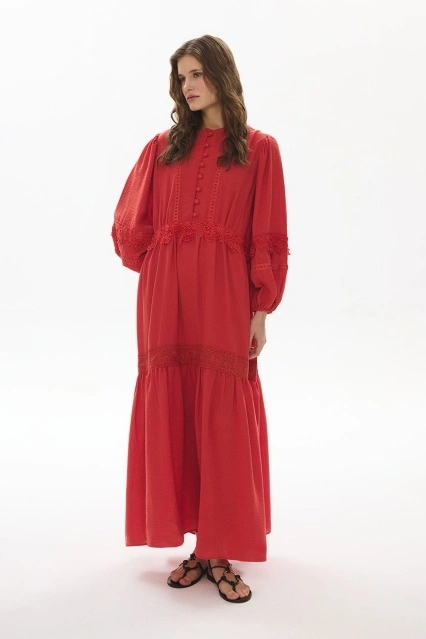 Çiçek Şerit Detaylı Oranj Elbise Çiçek Şerit Detaylı Oranj Elbise