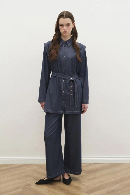 Çift Dikiş Detaylı Tensel Denim Pantolon Lacivert Takım