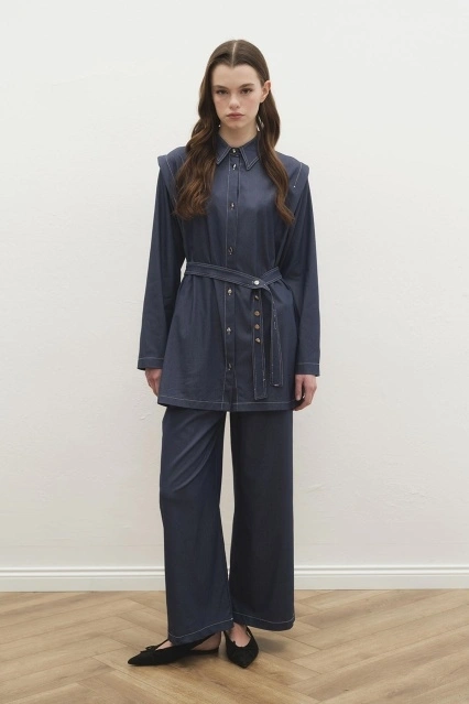 Çift Dikiş Detaylı Tensel Denim Pantolon Lacivert Takım