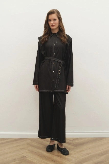 Çift Dikiş Detaylı Tensel Denim Pantolon Siyah Takım