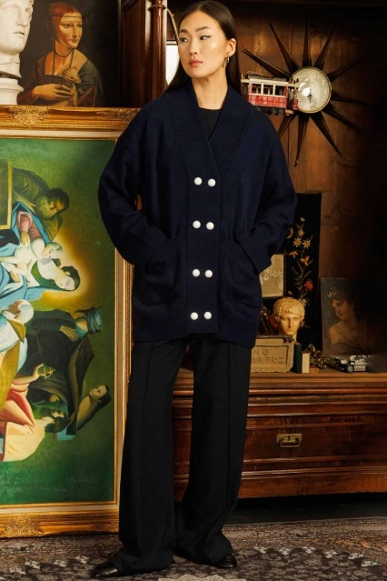 Çift Düğmeli Triko Hırka - Lacivert