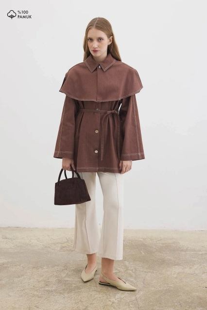 Çıkarılabilir Pelerin Yaka Açık Kahve Gömlek