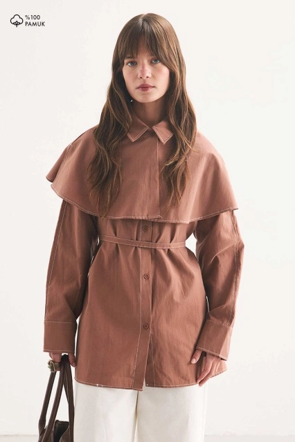 Çıkarılabilir Pelerin Yaka Bakır Gömlek