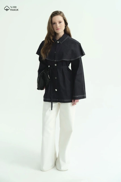 Çıkarılabilir Pelerin Yaka Lacivert Gömlek