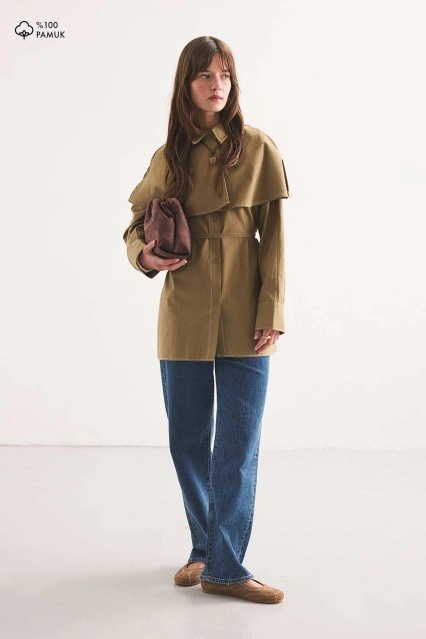 Çıkarılabilir Pelerin Yaka Olive Gömlek