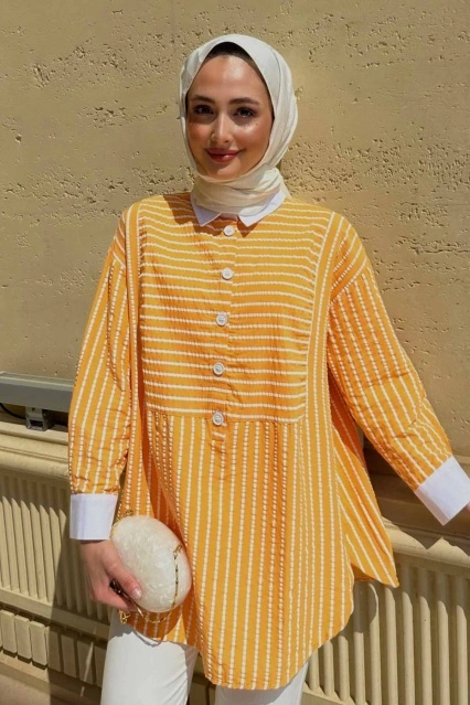 Çizgi Dokulu Soft Oranj Gömlek