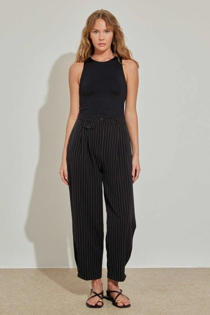 Çizgili Carrot Siyah Pantolon