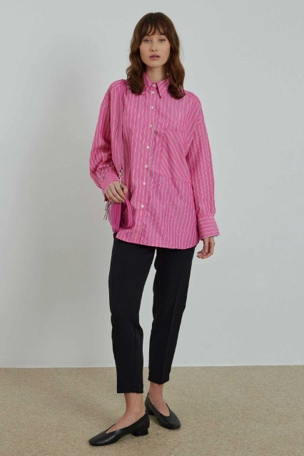 Çizgili Oversize Fuşya Gömlek