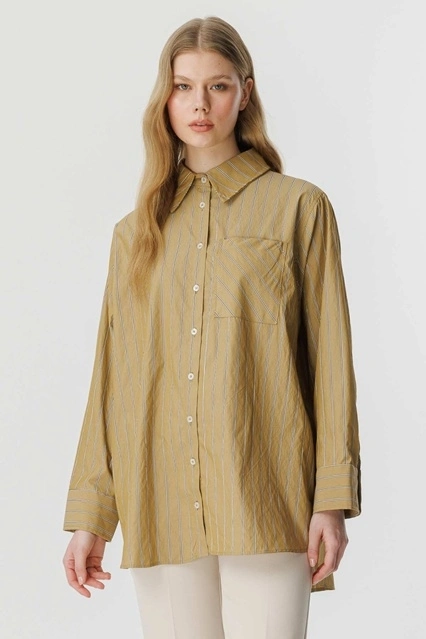 Çizgili Oversize Kahve Gömlek