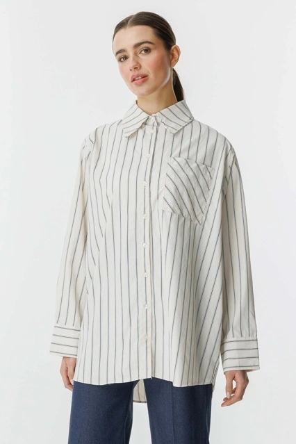 Çizgili Oversize Krem Gömlek