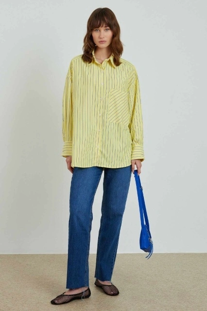 Çizgili Oversize Sarı Gömlek Çizgili Oversize Sarı Gömlek