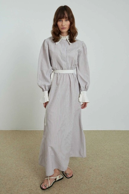 Çizgili Poplin Bej Elbise