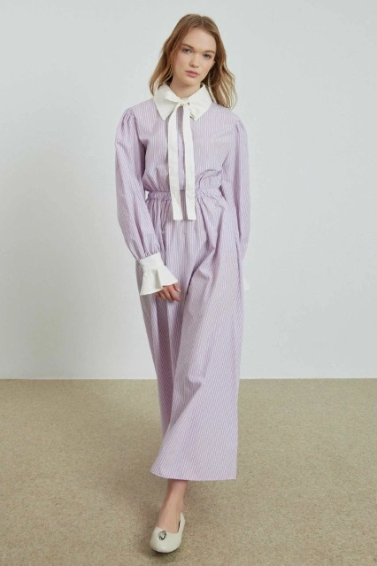 Çizgili Poplin Pembe Elbise