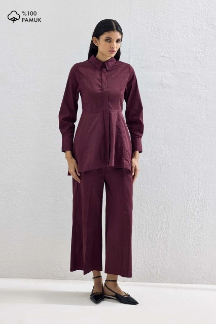 Cosmo Bel Detaylı Pamuklu Bordo Pantolon Takım