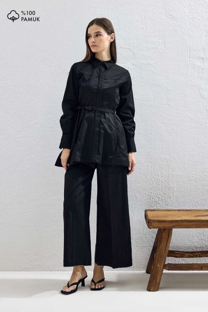 Cosmo Bel Detaylı Pamuklu Siyah Pantolon Takım