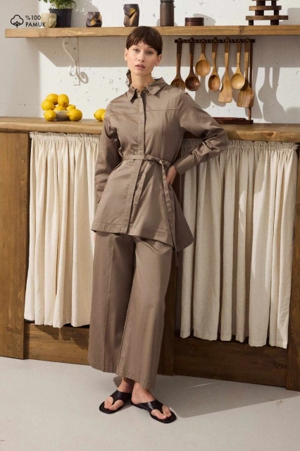 Cosmo Bel Detaylı Pamuklu Vizon Pantolon Takım