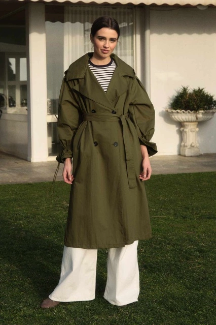 Daisy Kolları Bağlama Detaylı Haki Trençkot