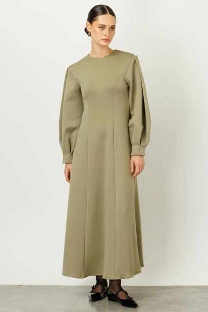 Degrade Yaka Scuba Elbise - Acı Yeşil