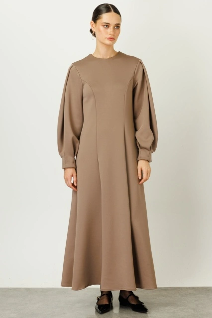 Degrade Yaka Scuba Sütlü Kahve Elbise