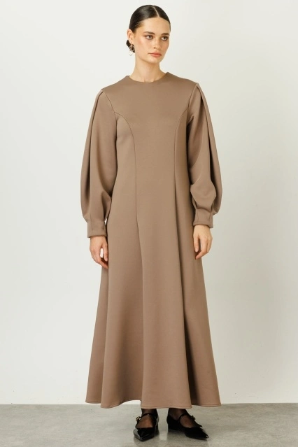 Degrade Yaka Scuba Sütlü Kahve Elbise