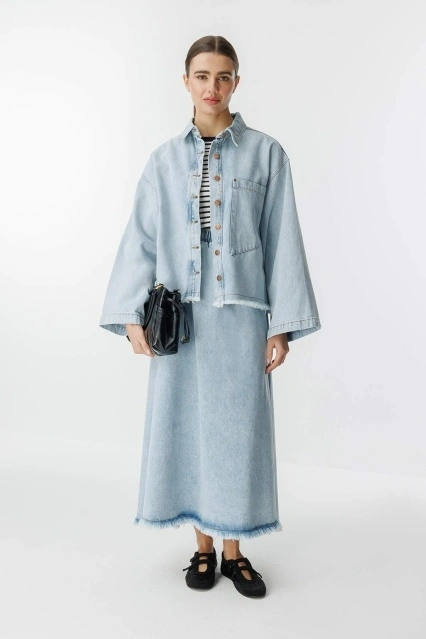 Denim Buz Mavi Etekli Takım