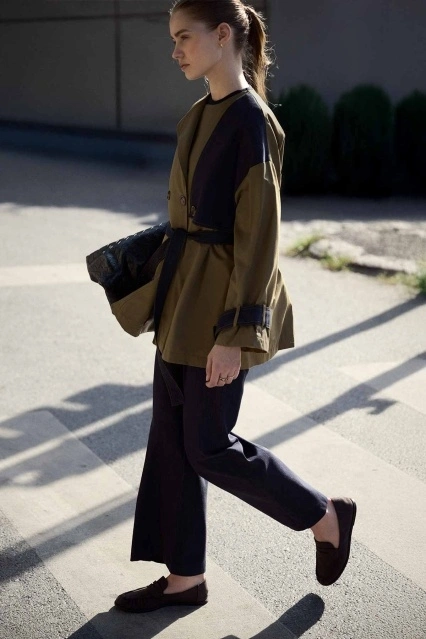 Denim Detaylı Kruvaze Haki Trençkot