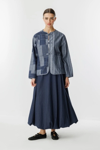 Denim Dokulu Balon Lacivert Etek