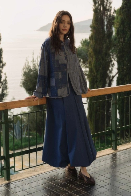 Denim Dokulu Balon Mavi Etek