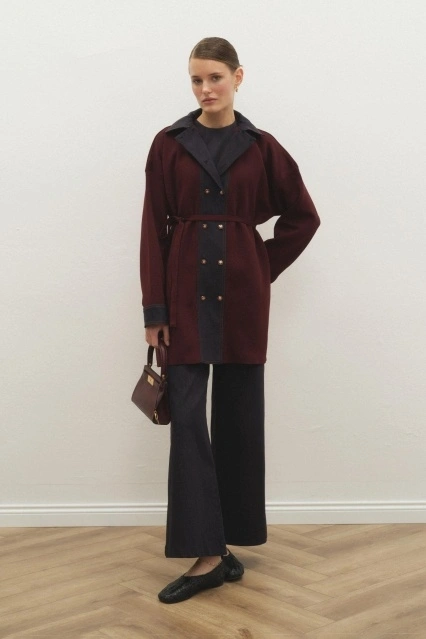 Denim Garni Detaylı Merserize Uzun Bordo Hırka Denim Garni Detaylı Merserize Uzun Bordo Hırka