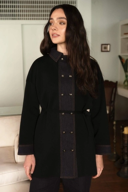 Denim Garni Detaylı Merserize Uzun Siyah Hırka Denim Garni Detaylı Merserize Uzun Siyah Hırka