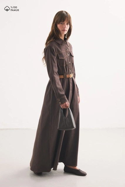 Denim Görünümlü Kemerli Acı Kahve Elbise