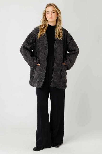 Deri Biyeli Antrasit Tedy Mont