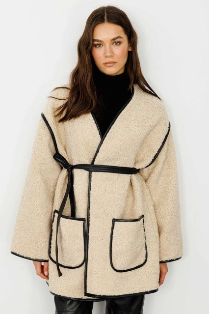 Deri Biyeli Bej Tedy Mont