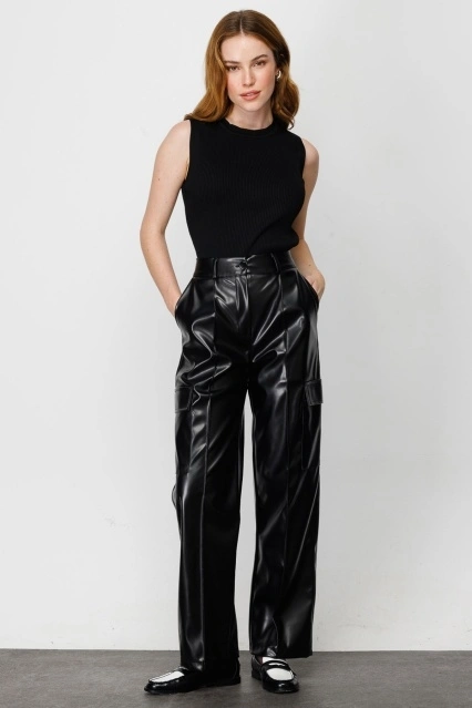 Deri Kargo Siyah Pantolon