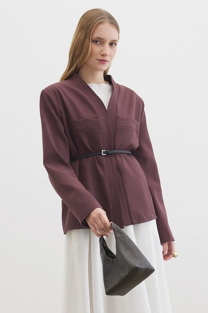 Deri Kemer Detaylı Çikolata Ceket