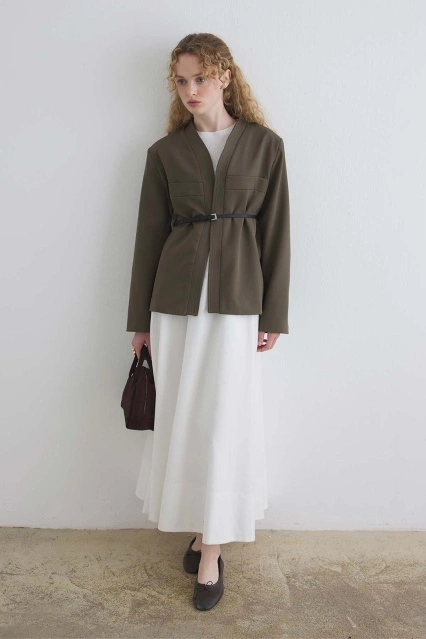 Deri Kemer Detaylı Haki Ceket