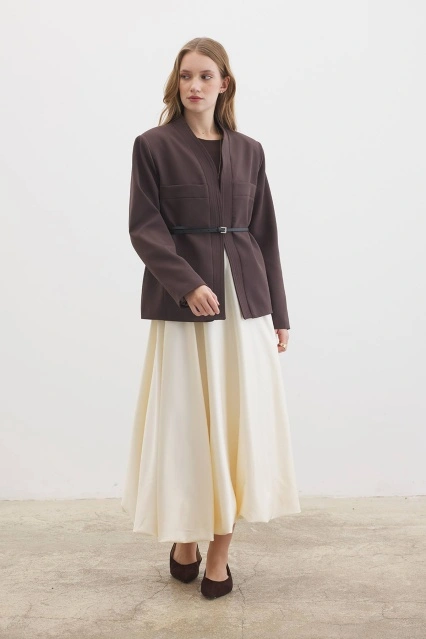 Deri Kemer Detaylı Kahve Ceket