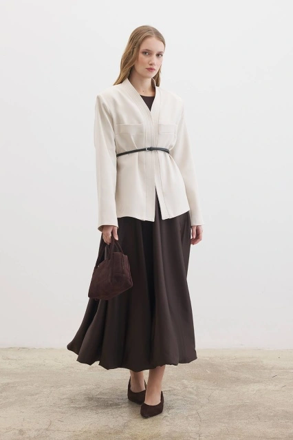 Deri Kemer Detaylı Taş Ceket