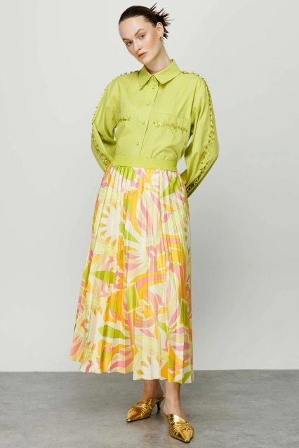 Baskılı Piliseli Bej Etek