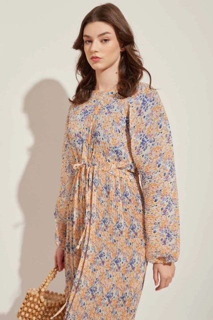 Desenli Piliseli Soft Oranj Elbise