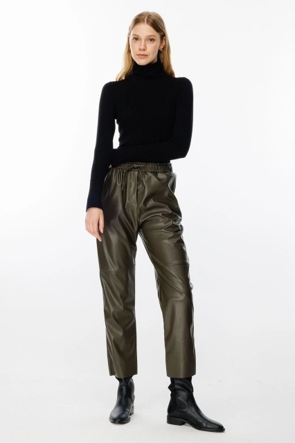 Dikiş Detaylı Deri Pantolon - Haki