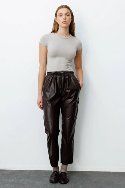 Dikiş Detaylı Deri Pantolon - Kahve